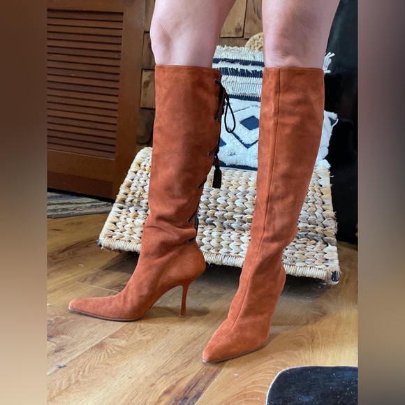 Ashley Dearborn, Elegant Brown/Orange Suede Knee-High Boots, Lace Up, Size 9.5 - Picture 3 of 16